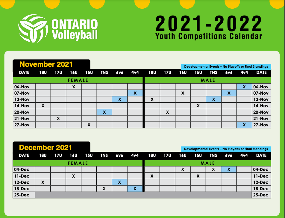 OVA Tournaments schedule for November-December 2021